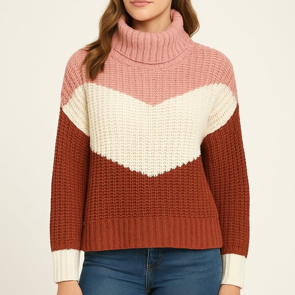Colorblock Chunky Knit Turtleneck Sweater – Pink, Cream & Rust Pullover/Med - Picture 7 of 7